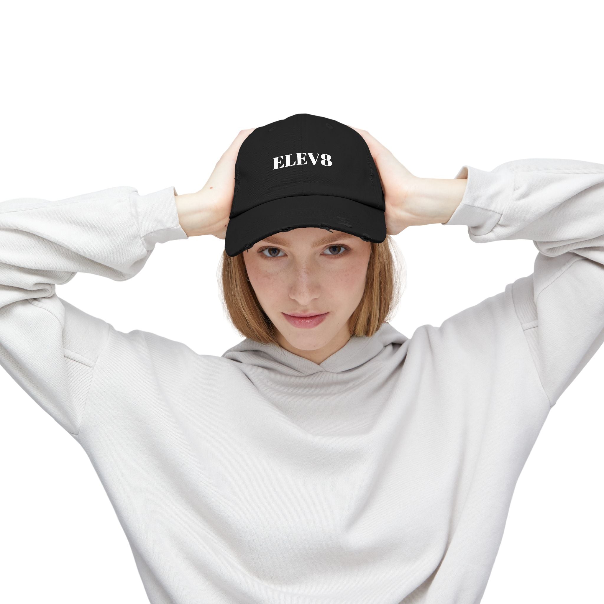 Elev8 Distressed Cap – Vintage Black Baseball Hat with ELEV8 Text
