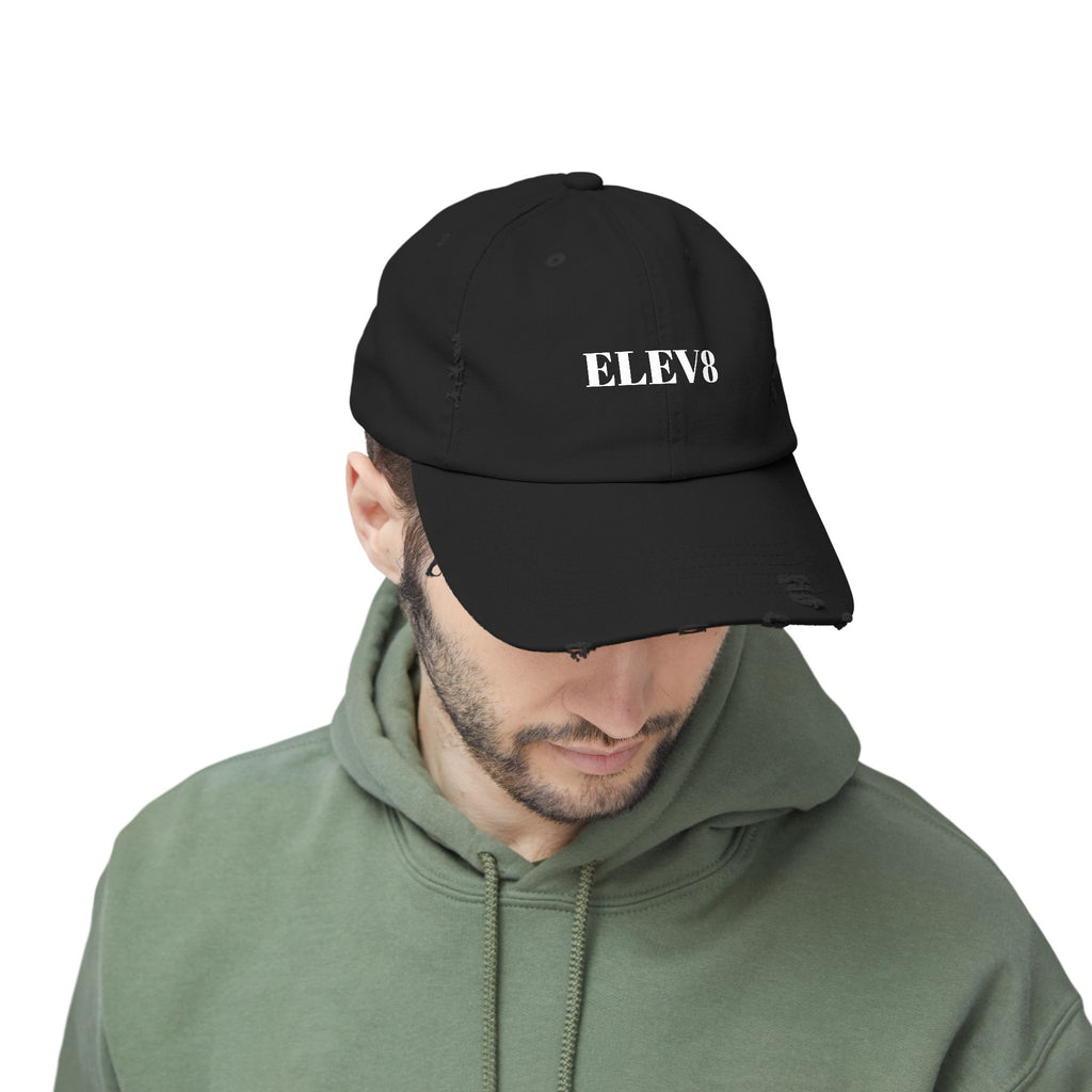 Elev8 Distressed Cap – Vintage Black Baseball Hat with ELEV8 Text