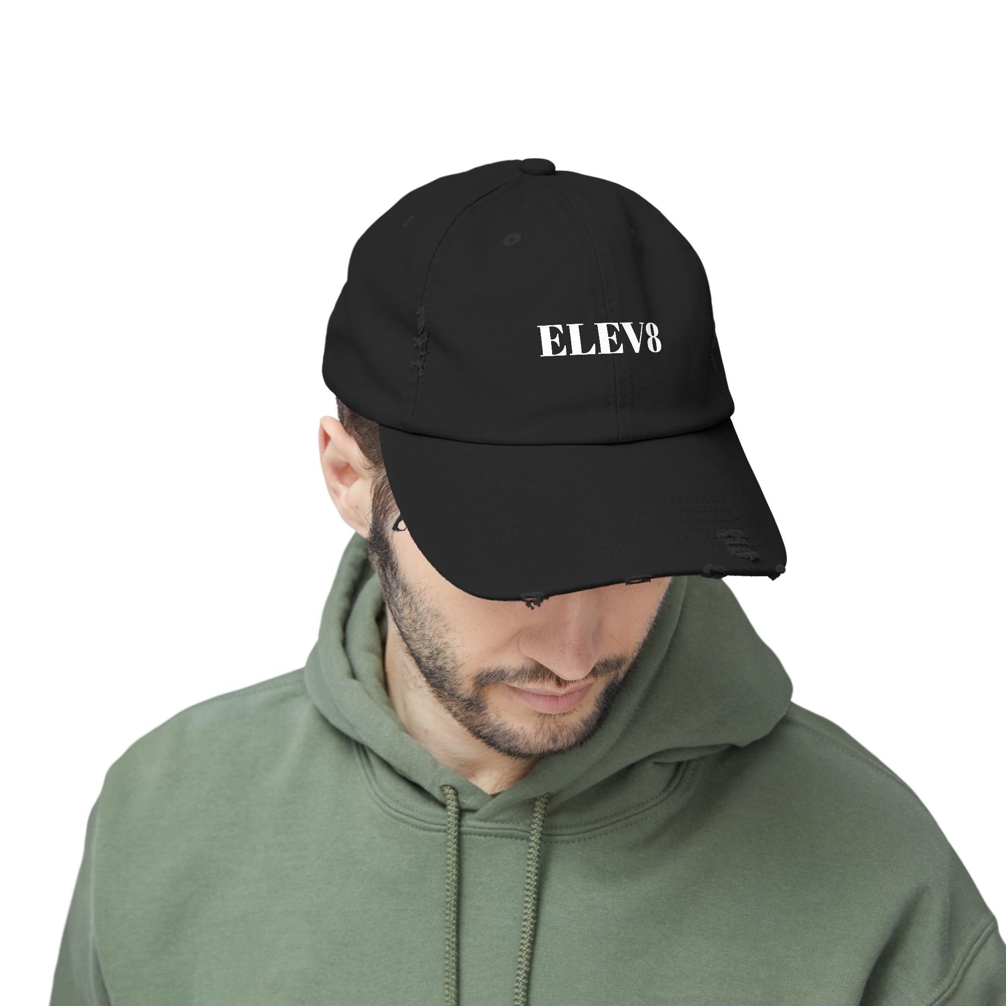 Elev8 Distressed Cap – Vintage Black Baseball Hat with ELEV8 Text