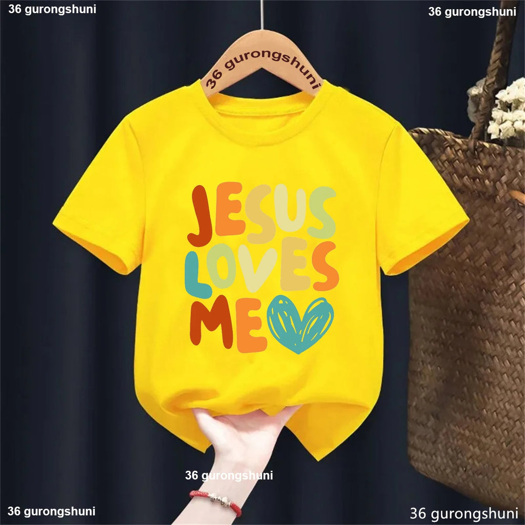 Colorful Jesus Loves Me Letter Printed Tshirt Girls/Boys Kawaii Kids Clothes Summer White/Black/Pink/Blue/Gray/Yellow T-Shirt