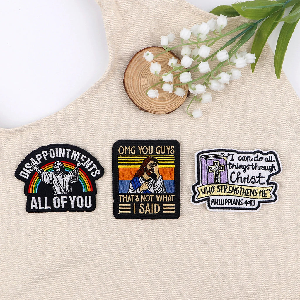 Jesus Funny Sayings Embroidered Patches on Clothes DIY Letters Applique Clothing Thermoadhesive Patches For Clothing Stickers