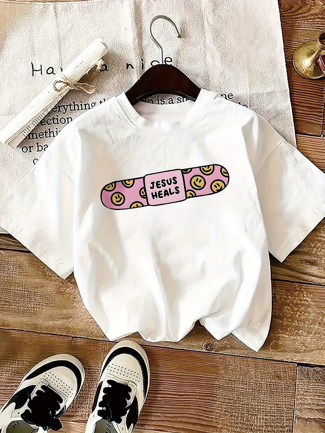 Womens Jesus Heals Joyful Face Graphic Printed Tee Casual Comfy Short Sleeve Round Neck Everyday T-shirt Trendy Design Clothing