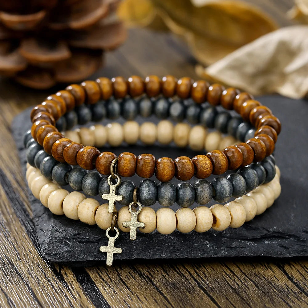 3PCS/Set Man's Vintage Multi-Layered Wooden Beaded Bracelet Set for Men Stacked Mini Jesus Cross Bracelet Men Prayer Jewelry