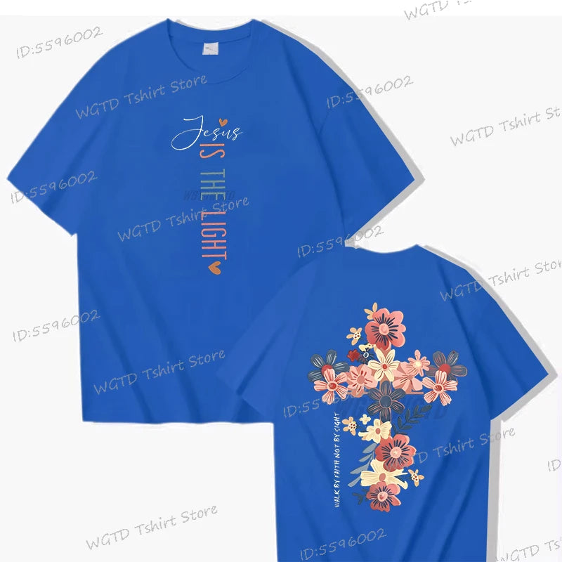 Jesus Is The Light Christian T Shirt Inspirational Floral Cross Vintage T Shirts Women Gift for Christian Religious T Shirts