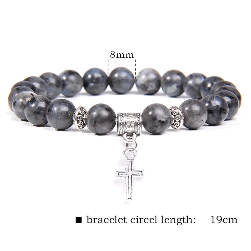 Natural Stone Bracelet Black Labradorite Turquoises Beads Religion Jesus Cross Pendant Bracelets for Men Women Prayer Jewelry