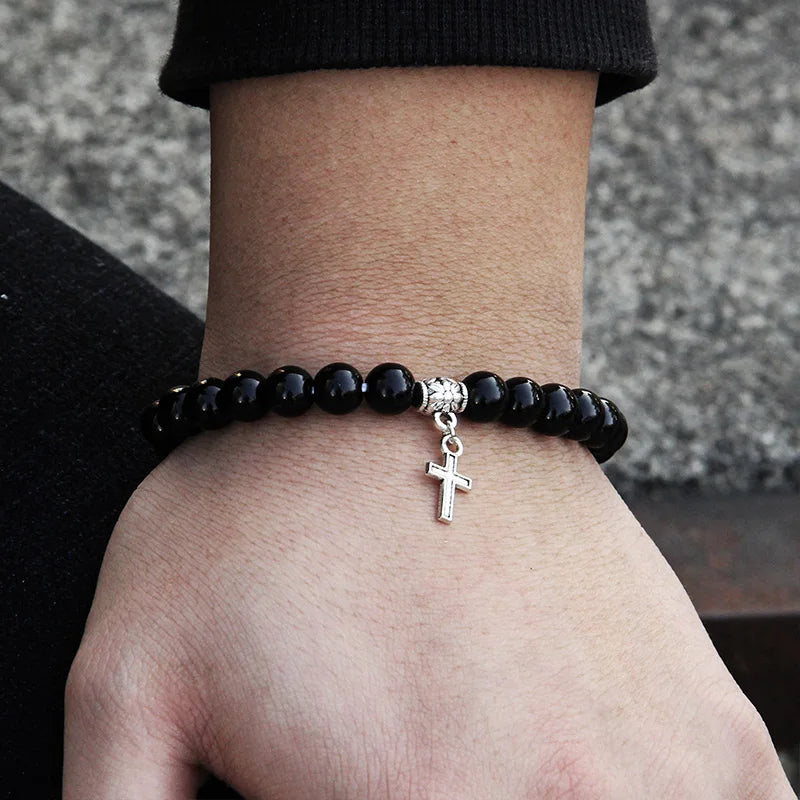Natural Stone Bracelet Black Labradorite Turquoises Beads Religion Jesus Cross Pendant Bracelets for Men Women Prayer Jewelry