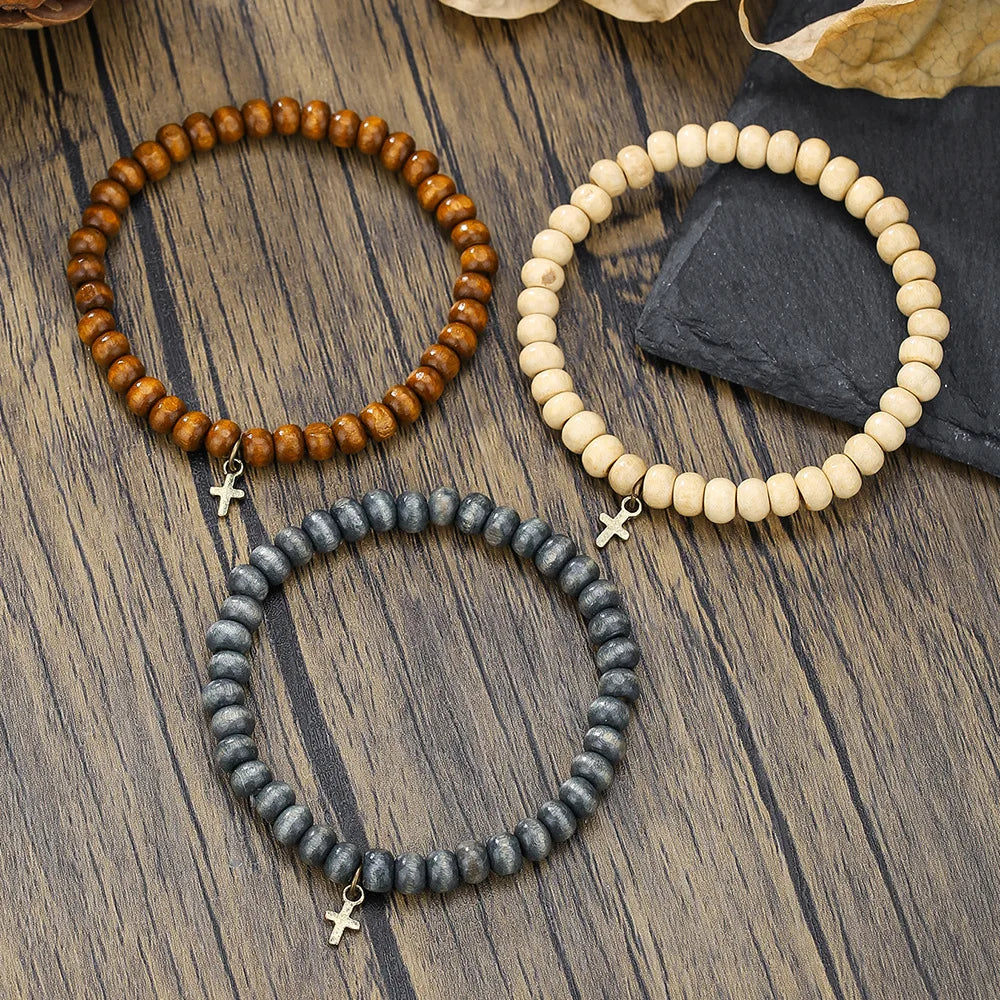 3PCS/Set Man's Vintage Multi-Layered Wooden Beaded Bracelet Set for Men Stacked Mini Jesus Cross Bracelet Men Prayer Jewelry