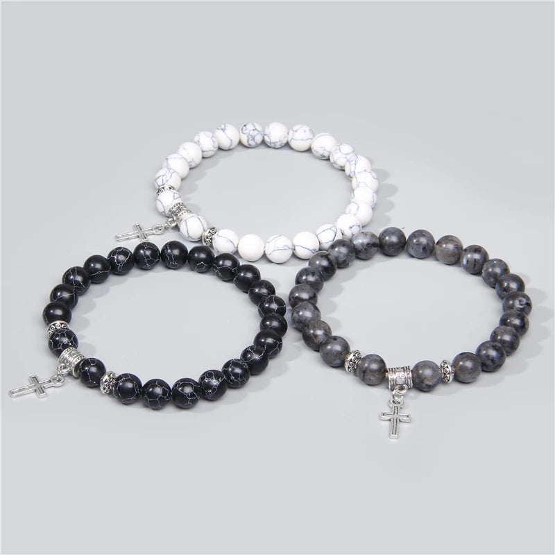 Natural Stone Bracelet Black Labradorite Turquoises Beads Religion Jesus Cross Pendant Bracelets for Men Women Prayer Jewelry
