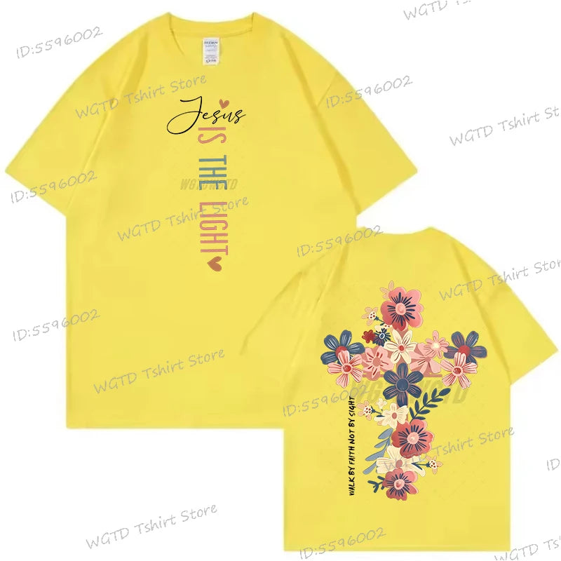 Jesus Is The Light Christian T Shirt Inspirational Floral Cross Vintage T Shirts Women Gift for Christian Religious T Shirts