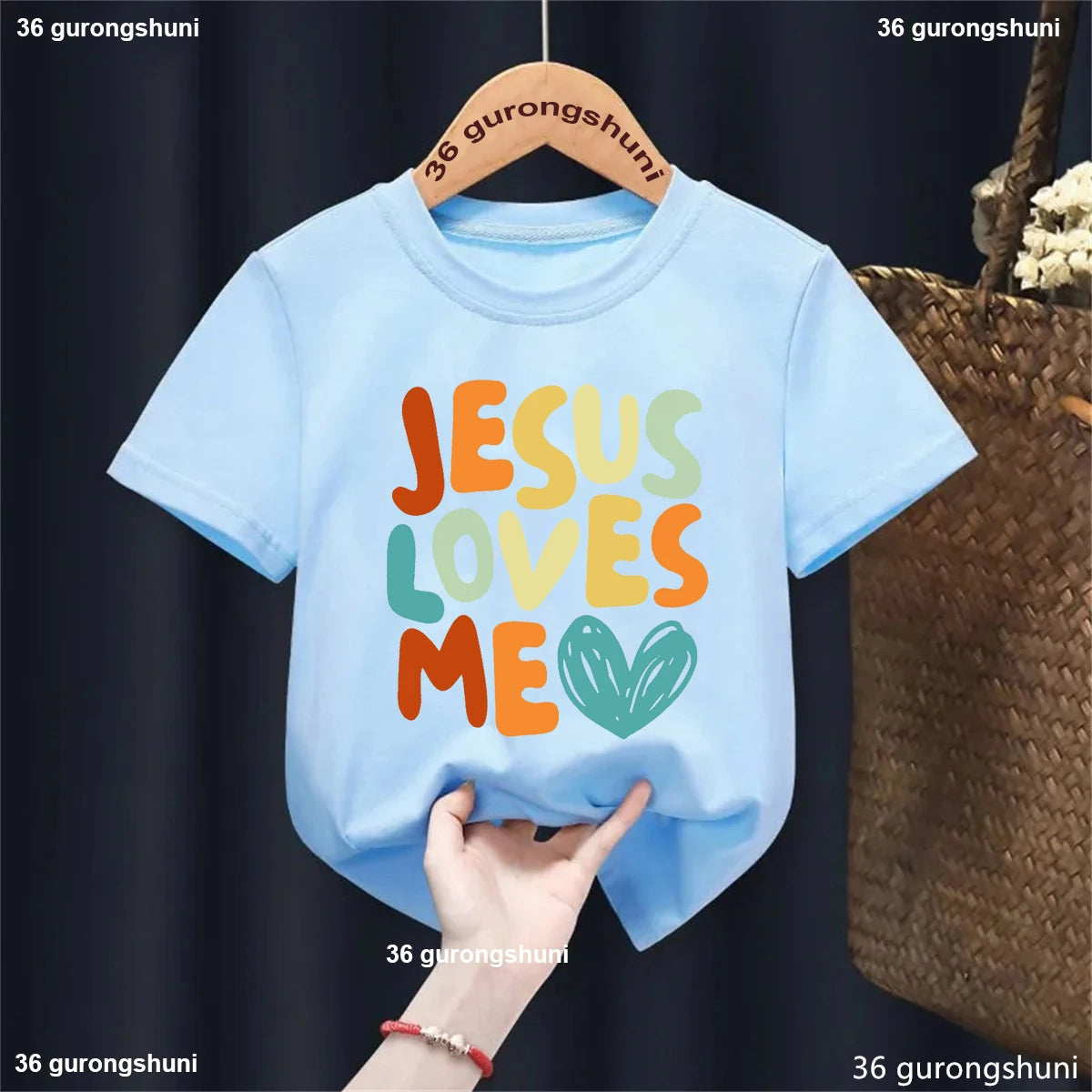 Colorful Jesus Loves Me Letter Printed Tshirt Girls/Boys Kawaii Kids Clothes Summer White/Black/Pink/Blue/Gray/Yellow T-Shirt