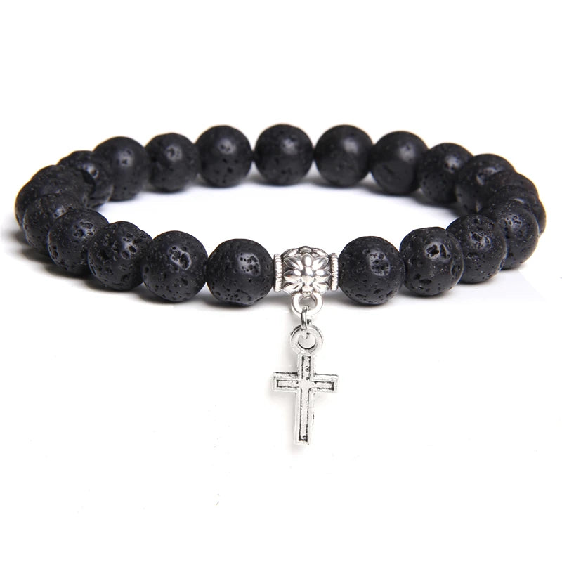 Natural Stone Bracelet Black Labradorite Turquoises Beads Religion Jesus Cross Pendant Bracelets for Men Women Prayer Jewelry