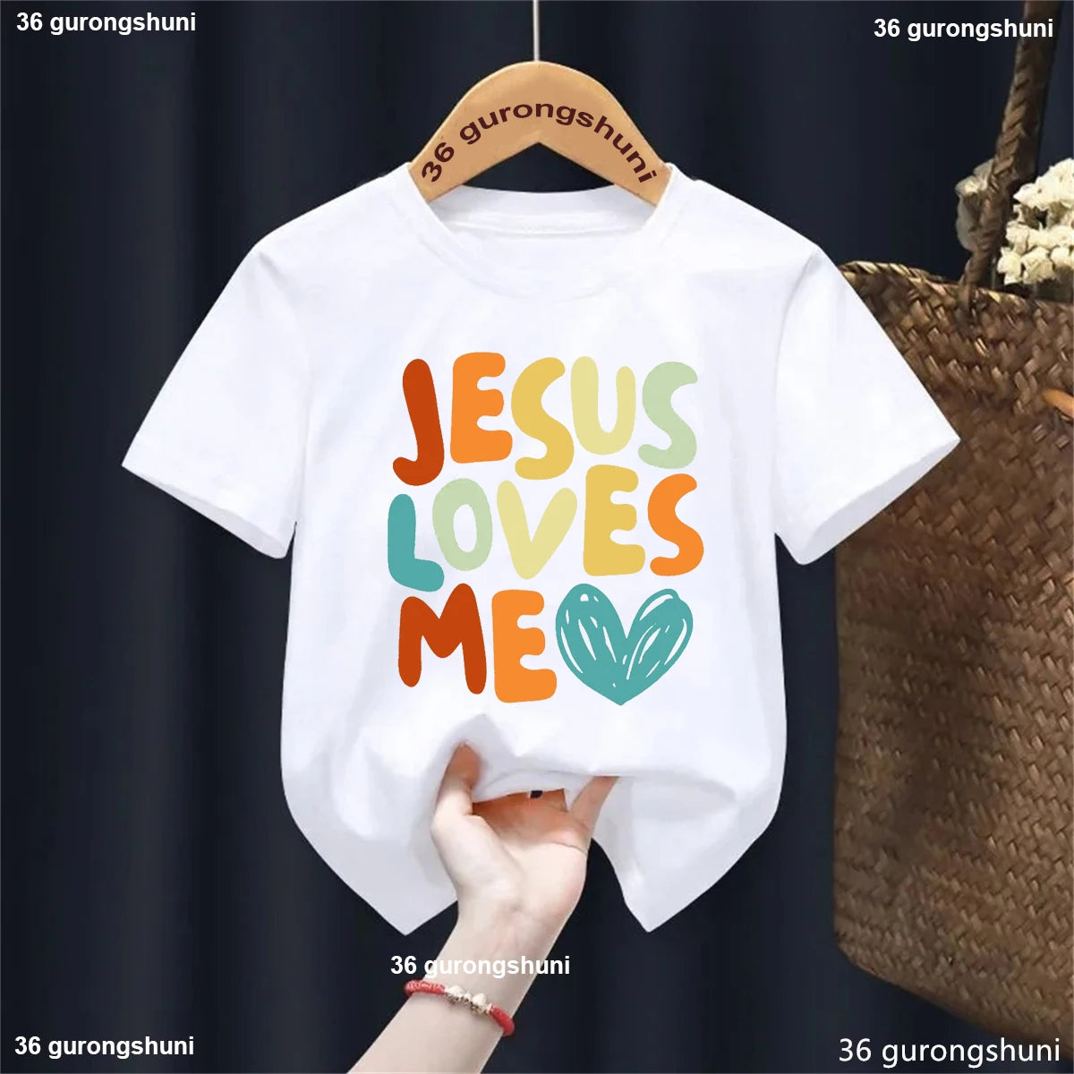 Colorful Jesus Loves Me Letter Printed Tshirt Girls/Boys Kawaii Kids Clothes Summer White/Black/Pink/Blue/Gray/Yellow T-Shirt