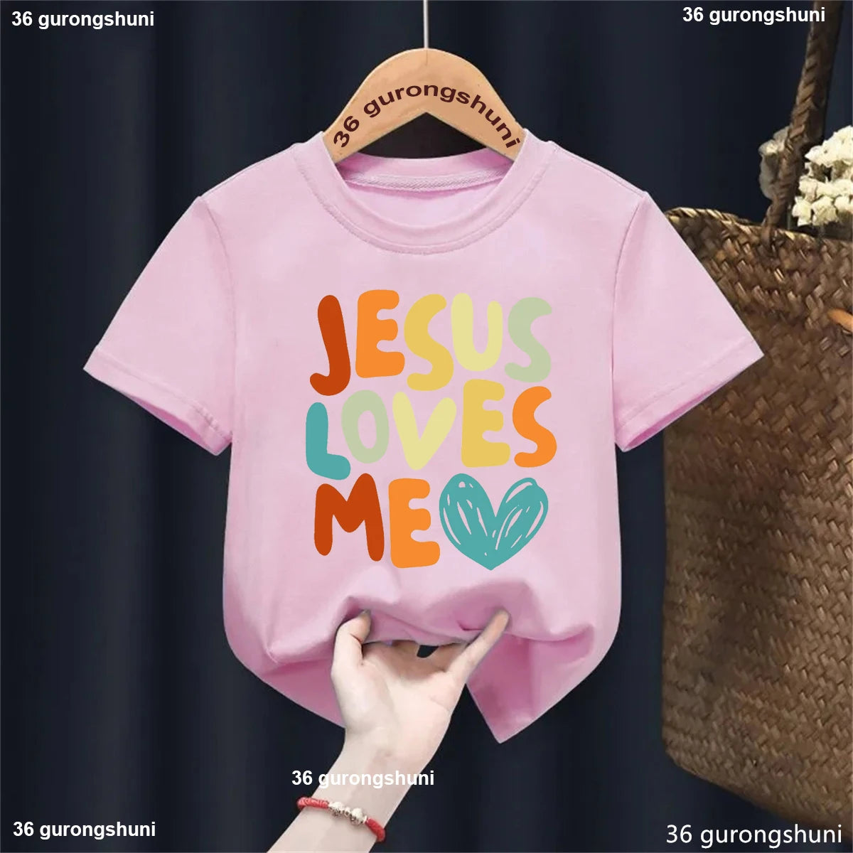 Colorful Jesus Loves Me Letter Printed Tshirt Girls/Boys Kawaii Kids Clothes Summer White/Black/Pink/Blue/Gray/Yellow T-Shirt