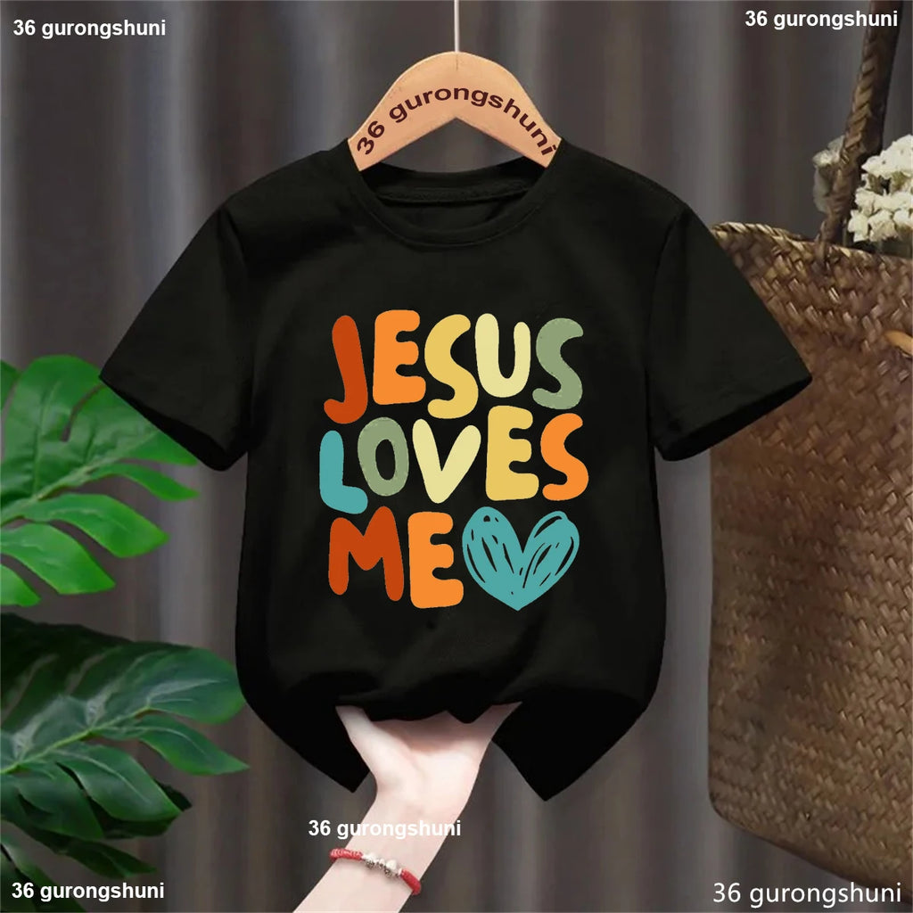 Colorful Jesus Loves Me Letter Printed Tshirt Girls/Boys Kawaii Kids Clothes Summer White/Black/Pink/Blue/Gray/Yellow T-Shirt
