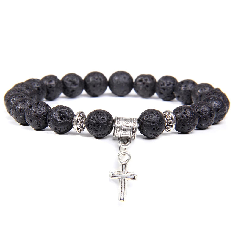 Natural Stone Bracelet Black Labradorite Turquoises Beads Religion Jesus Cross Pendant Bracelets for Men Women Prayer Jewelry